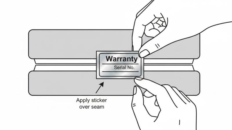A sticker being placed precisely over the seam where two halves of a product casing meet.