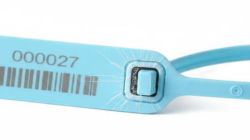 Stress Whitening on a Plastic Seal A close-up image showing visible white stress marks near the locking head of a blue plastic seal.