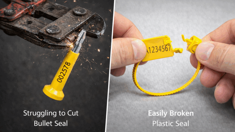 Tamper Evidence in Different Materials Showing a cut mark from bolt cutters on a steel pin, and another showing the tell-tale white stress marks on a plastic seal that has been pulled on.