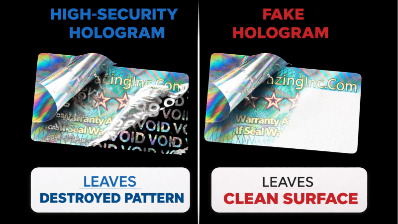 Tamper-Evident Destruction of a Hologram Showing a product surface after a hologram removal attempt: the high-security one leaves a fragmented, destroyed pattern, while the fake one leaves a clean surface.