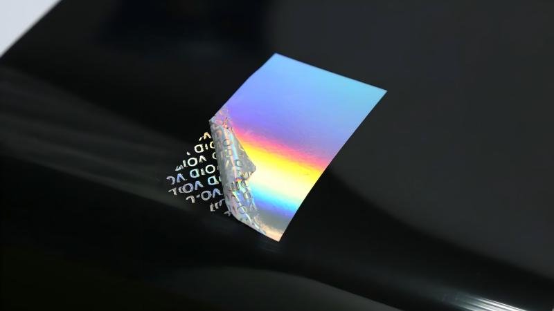 Tamper-Evident Hologram Sticker A holographic sticker on a box that has been partially peeled, showing the "VOID" pattern left behind on the package surface.