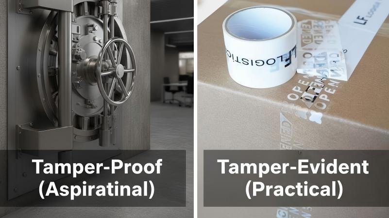 On the left, a heavy bank vault door labeled "Tamper-Proof (Aspirational)". On the right, a security tape that reads "VOID OPENED" labeled "Tamper-Evident (Practical)".
