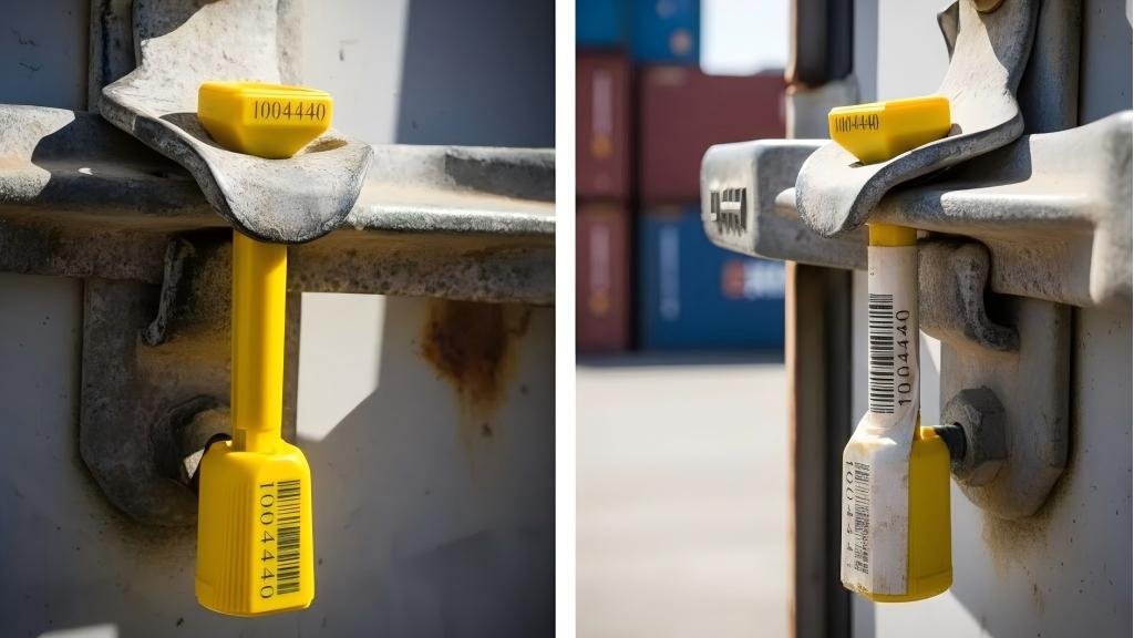 Showing a laser-engraved barcode on a high-security bolt seal, contrasted with a cheap, peeling sticker barcode on another.