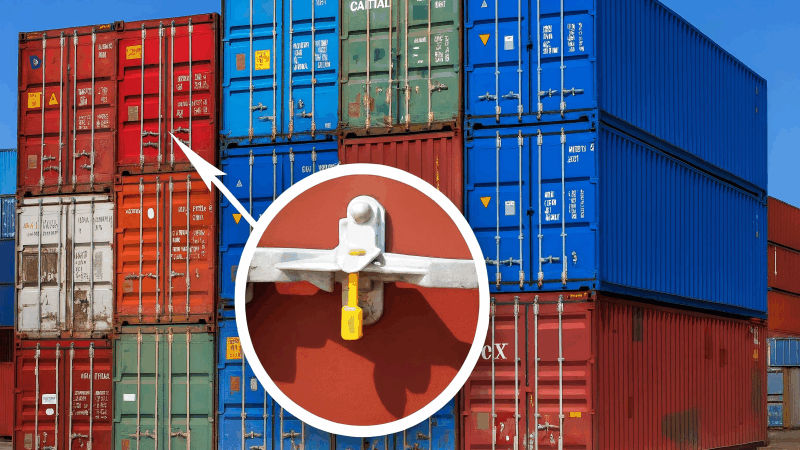 Tamper Seals as a Visual Deterrent in a Port A shipping yard with numerous containers, each secured with a brightly colored tamper seal visible on the door.