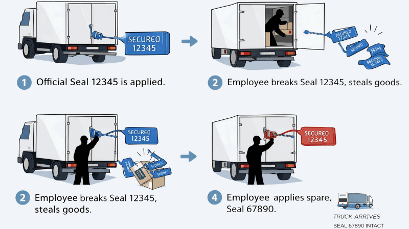 A diagram showing the steps of internal theft using a spare seal: 1. Official Seal 12345 is applied. 2. Employee breaks Seal 12345, steals goods. 3. Employee applies spare, unlogged Seal 67890. 4. Truck arrives with Seal 67890 intact.