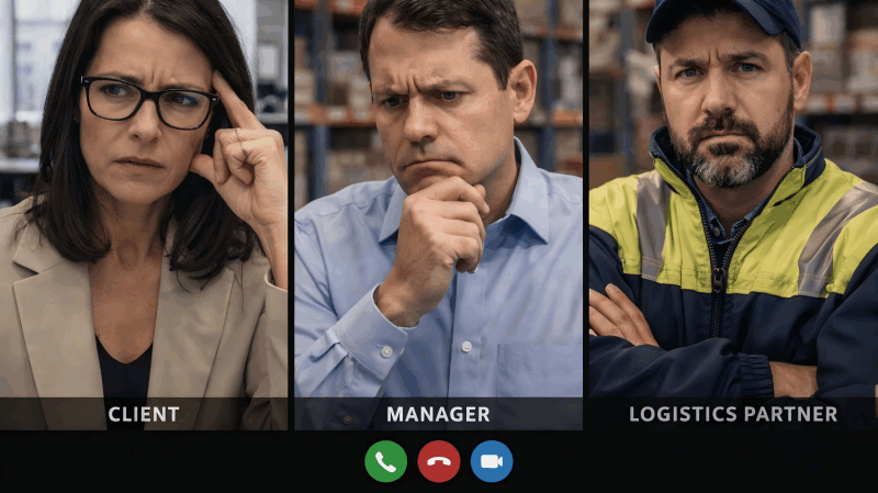 An three-way phone call or video conference with a client, a manager, and a logistics partner, all looking stressed and untrusting.
