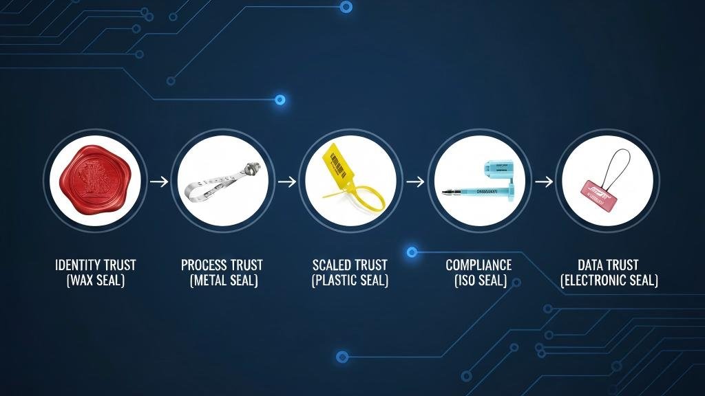 An illustrative timeline showing the evolution of trust: Identity Trust (wax seal), Process Trust (metal seal), Scaled Trust (plastic seal), Compliance Trust (ISO seal), and Data Trust (electronic seal).