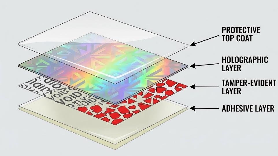 Different layers of a security sticker: adhesive layer, tamper-evident layer, holographic layer, and protective top coat.