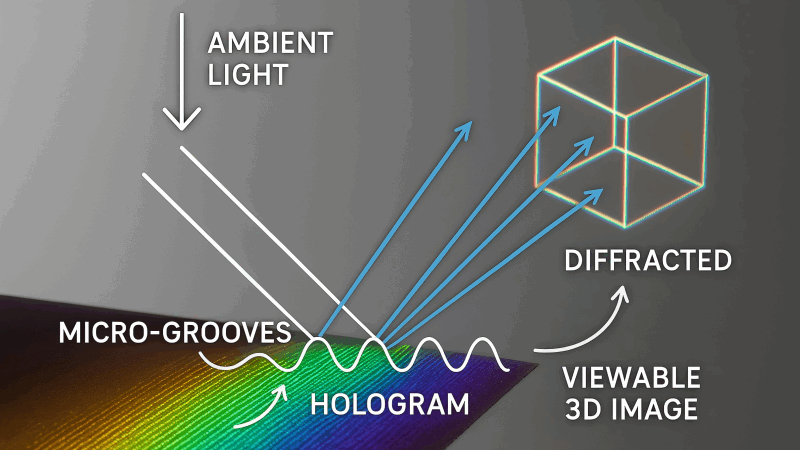 The Physics of How Hologram Labels Work A simplified scientific diagram showing how ambient light hits the micro-grooves of a hologram and is diffracted into a viewable 3D image.