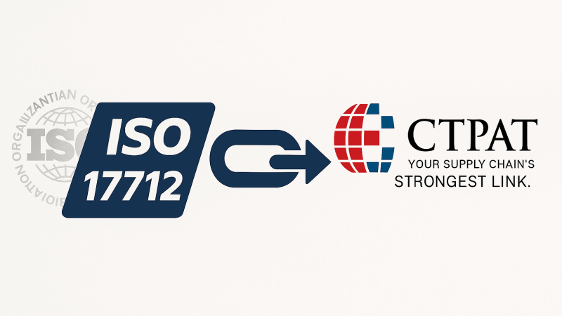 The Relationship Between ISO 17712 and C-TPAT Showing the ISO 17712 logo and the C-TPAT logo connected by a strong link or arrow.