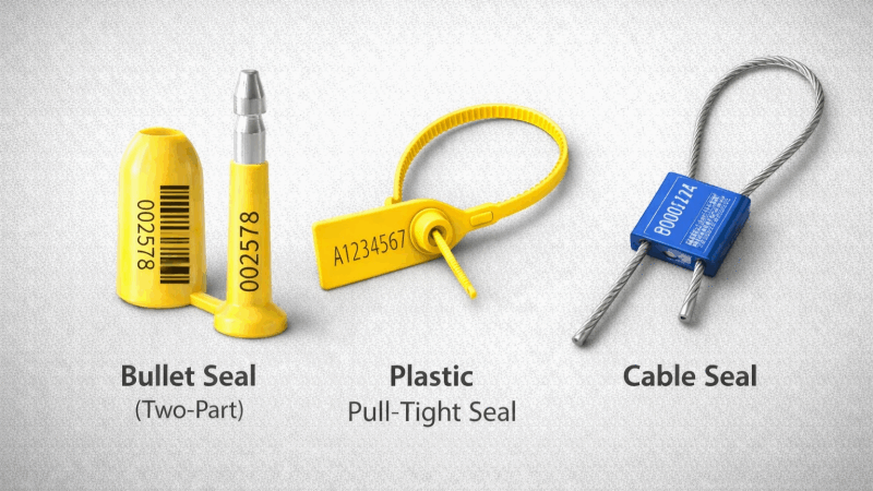 Showcasing and labeling different seal types: a two-part bullet seal, a plastic pull-tight seal, and a flexible cable seal.