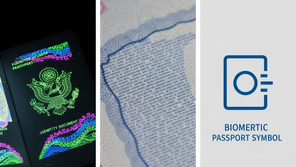 Showing different security features: a passport under UV light revealing hidden patterns, a close-up of microtext, and the universal symbol for a biometric passport.
