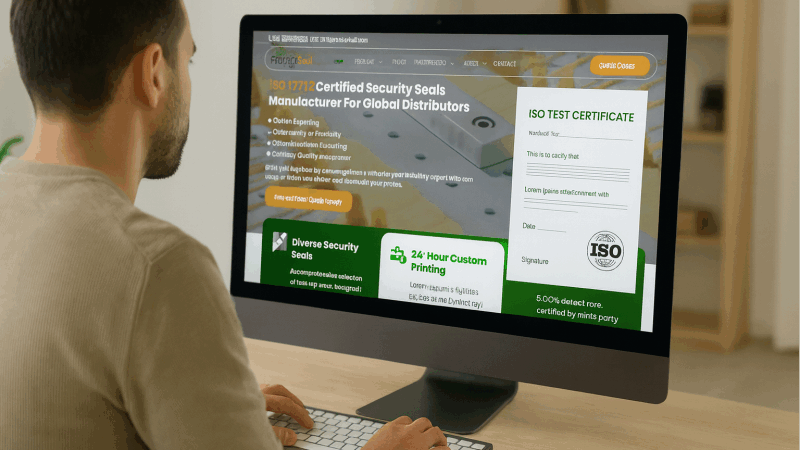 Verifying an ISO 17712 Certification A person at a computer, looking at a supplier's website and an official ISO test certificate side-by-side.