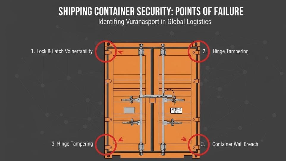 A diagram showing the different points of failure on a shipping container: the lock, the hinges, and the container walls.