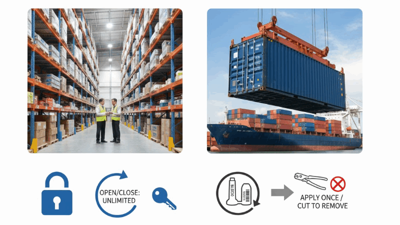 A clear decision-making infographic. Left side shows a warehouse with staff needing daily access (Padlock icon). Right side shows a container being loaded onto a ship for a long voyage (Bolt Seal icon).
