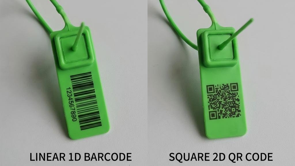 Comparison image side-by-side of a linear 1D barcode and a square 2D QR code on a security plastic seal