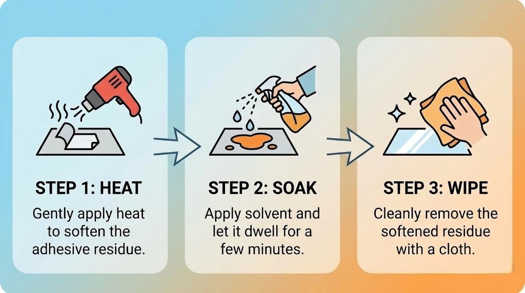 Infographic showing step 1 heat, step 2 soak, step 3 wipe