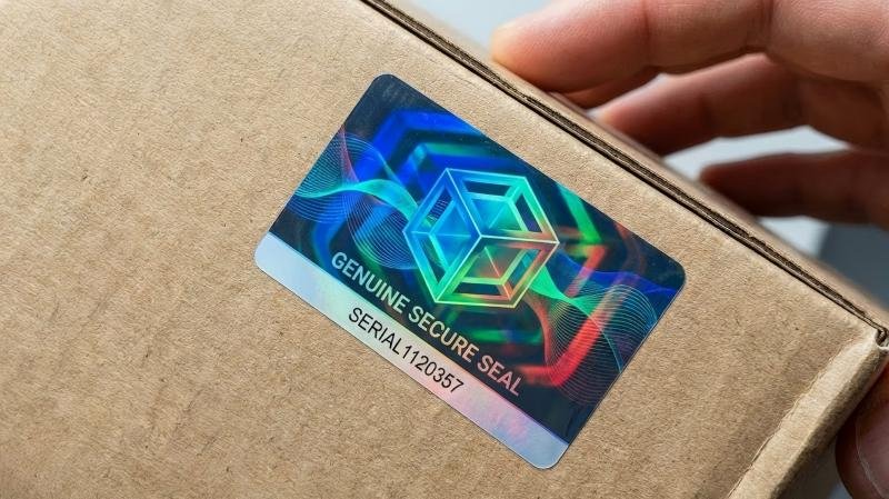 A security label with a 3D holographic effect showing depth and movement when the angle changes.
