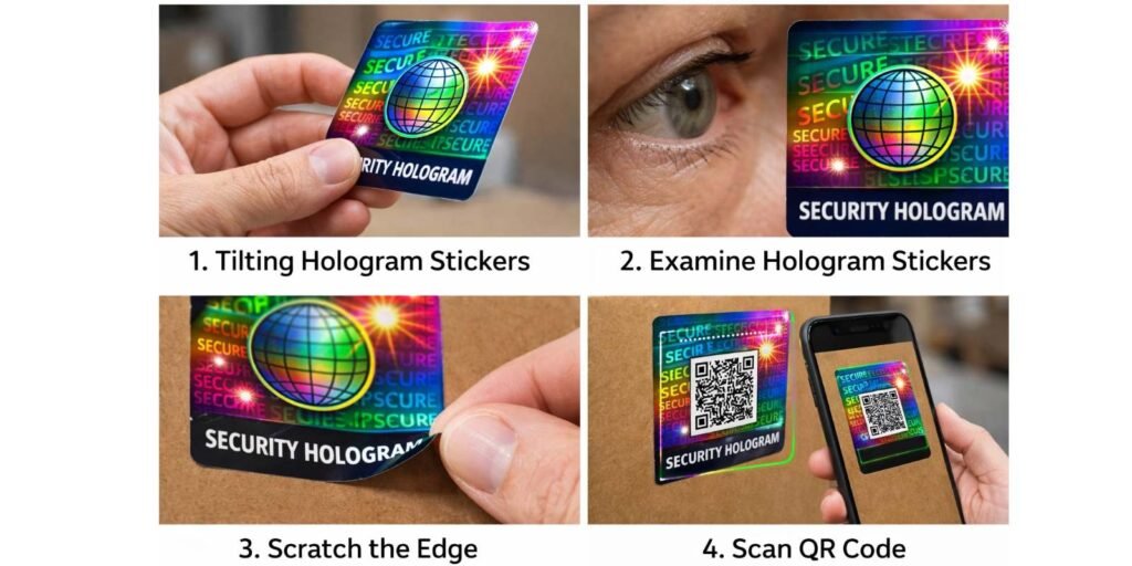 A four-panel image demonstrating each step: 1. A hand tilting the sticker. 2. An eye looking closely at the sticker. 3. A fingernail gently scratching the edge. 4. A smartphone scanning a QR code on the sticker.