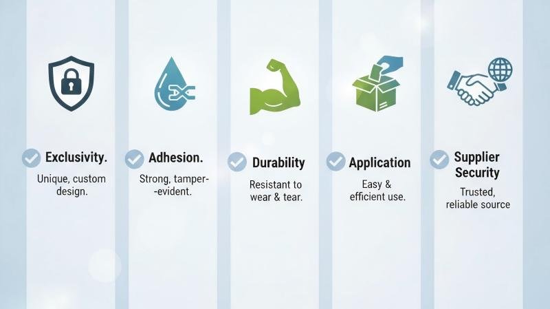 A checklist graphic showing five icons: Exclusivity, Adhesion, Durability, Application, and Supplier Security.