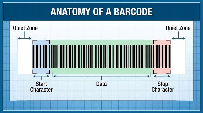 Diagram showing the parts of a barcode: Quiet Zone, Start Character, Data, Stop Character