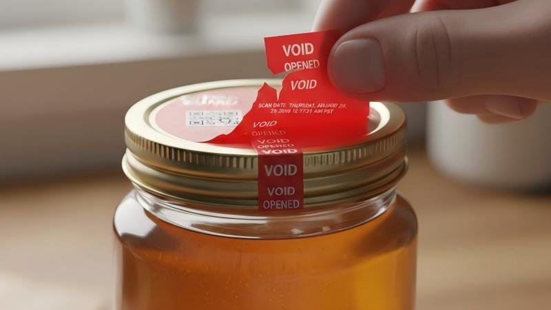 Tamper evident seal broken on a jar showing VOID message