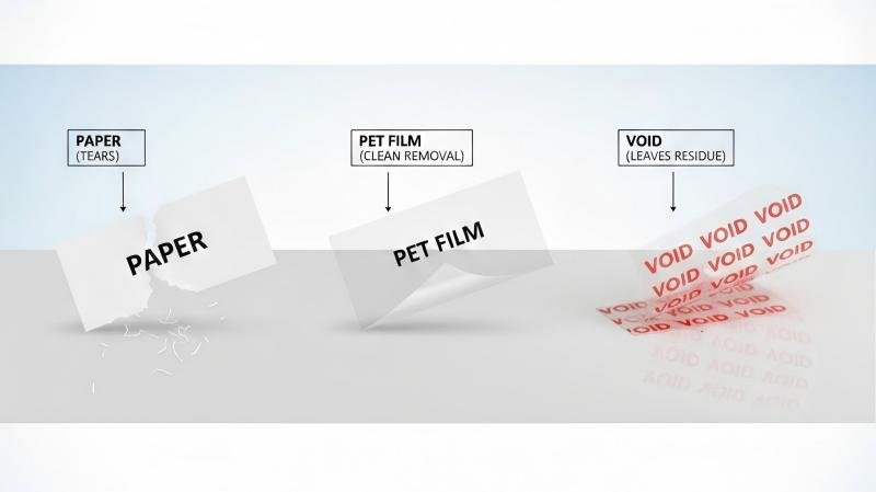 A side-by-side comparison of Paper, PET, and VOID labels under stress, showing paper tearing and VOID leaving a residue.