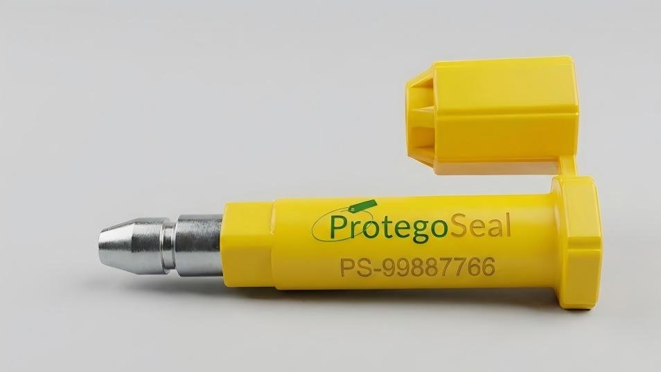 A high-security bolt seal featuring a custom company logo and a unique laser-engraved serial number.