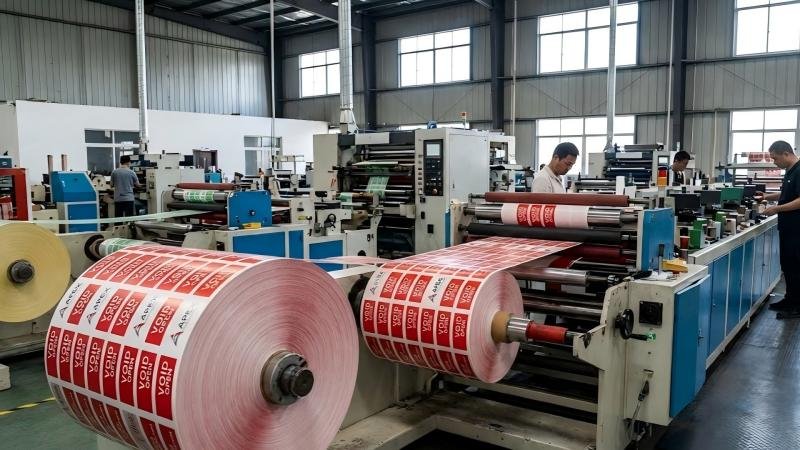 Rolls of custom printed security tape on a production line