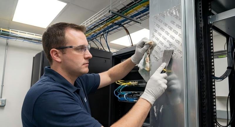 Technician scrubbing adhesive residue from a server rack