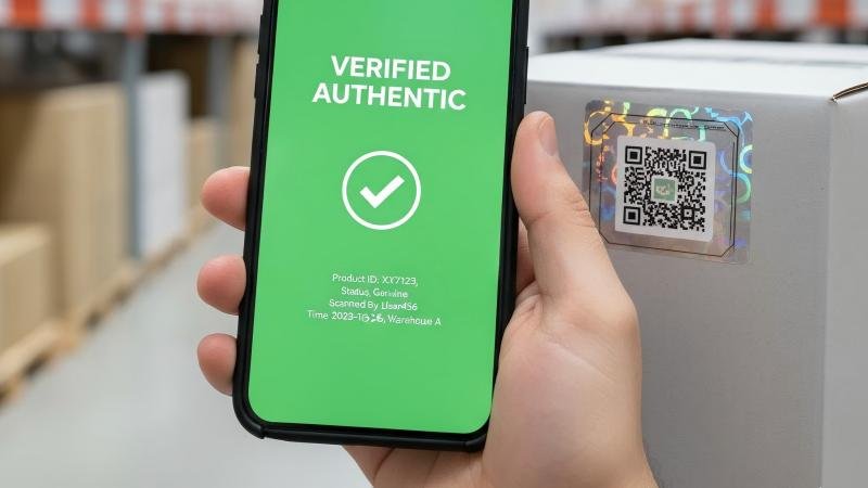 A smartphone scanning a QR code on a security label, displaying a 'Verified Authentic' message on the screen.