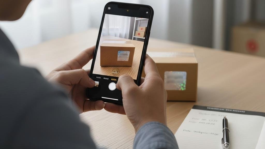 A person taking a clear photo of a suspected counterfeit product with their smartphone. In the background is a notepad where they are taking notes.