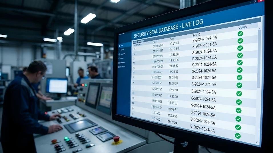 Factory control room screen showing a database of serial numbers with green checkmarks