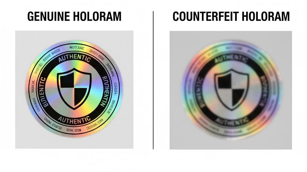 A side-by-side comparison: On the left, a crisp, multi-layered genuine hologram. On the right, a blurry, flat counterfeit with a simple rainbow sheen.