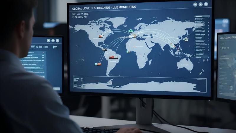 Map visualization showing live tracking of container ships and trucks