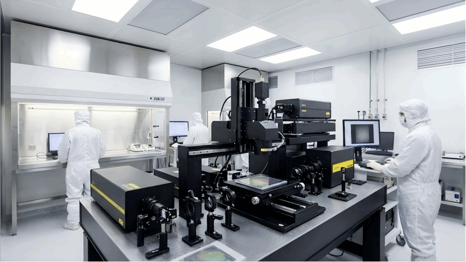 A clean-room laboratory with a complex piece of optical or lithographic equipment used for creating hologram masters.