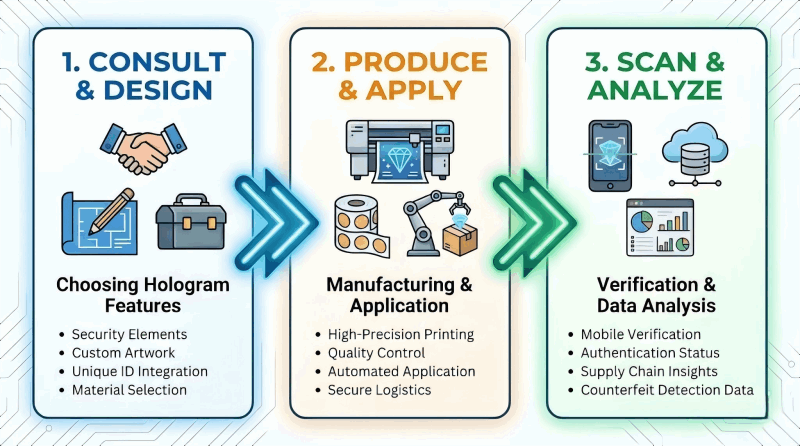 A three-step diagram: 1. "Consult & Design" (choosing hologram features). 2. "Produce & Apply" (manufacturing and applying the stickers). 3. "Scan & Analyze" (rolling out the verification process and analyzing the data).
