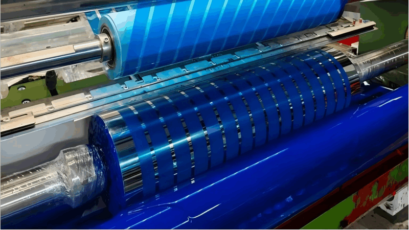 Industrial coating machine showing large jumbo rolls