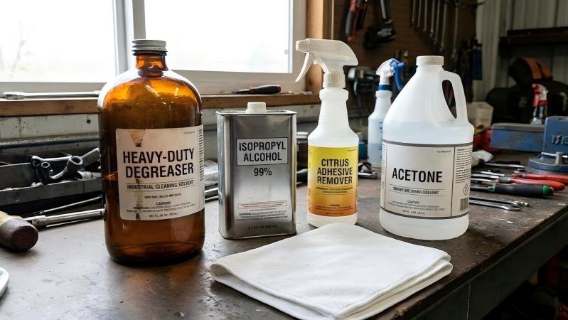 Bottles of different industrial cleaning solvents next to a clean cloth