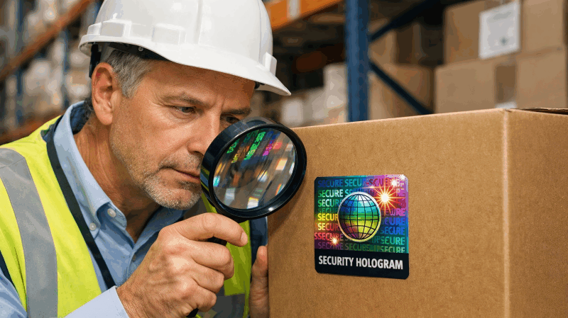 An inspector in a warehouse carefully examining a hologram sticker on a box with a magnifying glass.