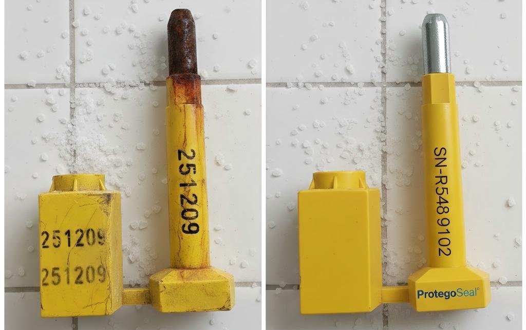 A comparison showing a faded hot-stamped seal versus a pristine laser-marked seal after a salt spray test.