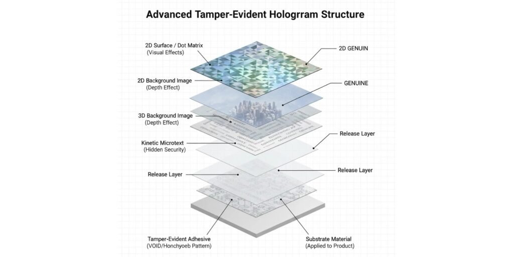 Showing the different layers of a complex hologram: 2D surface, 3D background, kinetic microtext, and a final tamper-evident adhesive layer.