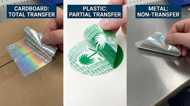 Three surfaces—cardboard, a plastic box, and a metal panel—each showing the appropriate residue pattern.