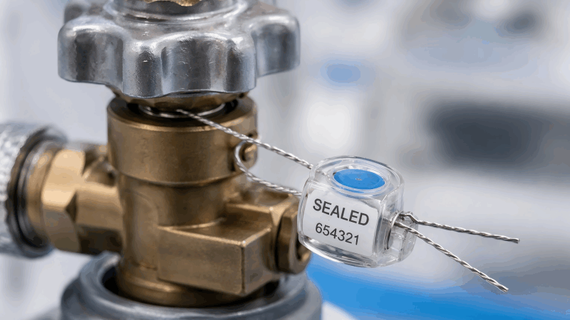 A meter seal with a twisted wire securing a valve on a medical gas cylinder.
