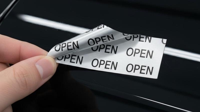 A black luxury car door with a silver security label peeled back; the door is clean, but the label shows a clear 'OPEN' message.