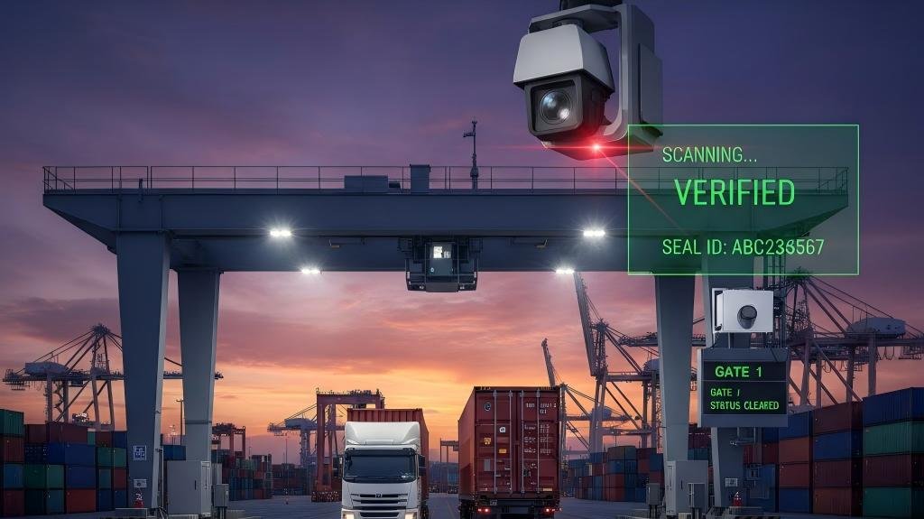 Automated port gate using OCR technology to scan a container seal number