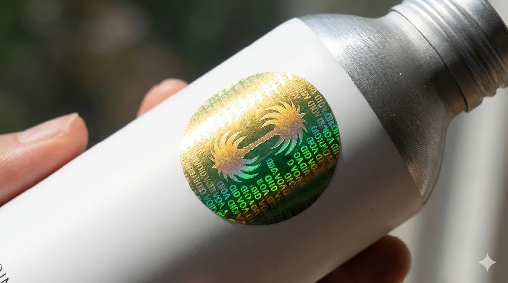 A product label tilting to show color-shifting ink changing from gold to green.