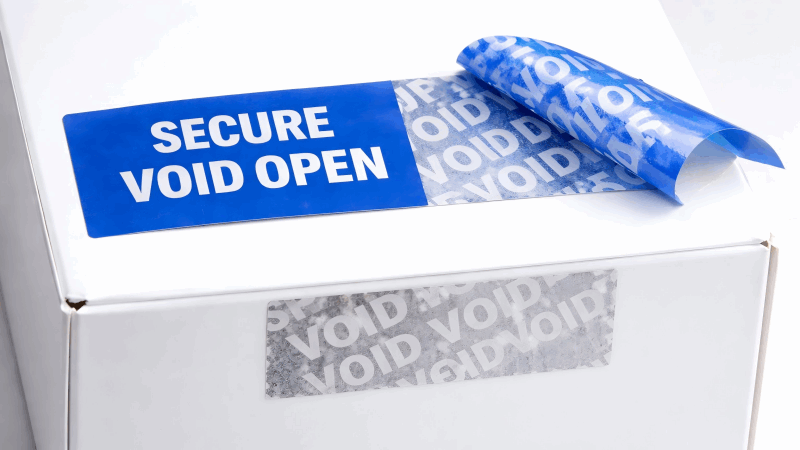A glossy white product box with a blue label peeled back, showing the VOID text clearly legible on both the label film and the box surface.