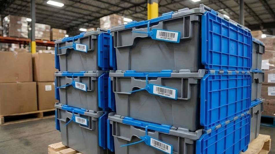 A stack of plastic distribution tote boxes, each secured with a blue plastic fixed-length seal.
