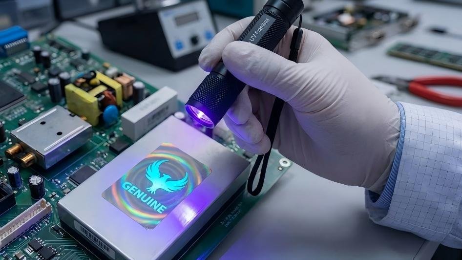 An inspector using a small UV flashlight, which is making a hidden logo glow brightly on an otherwise normal-looking hologram label.